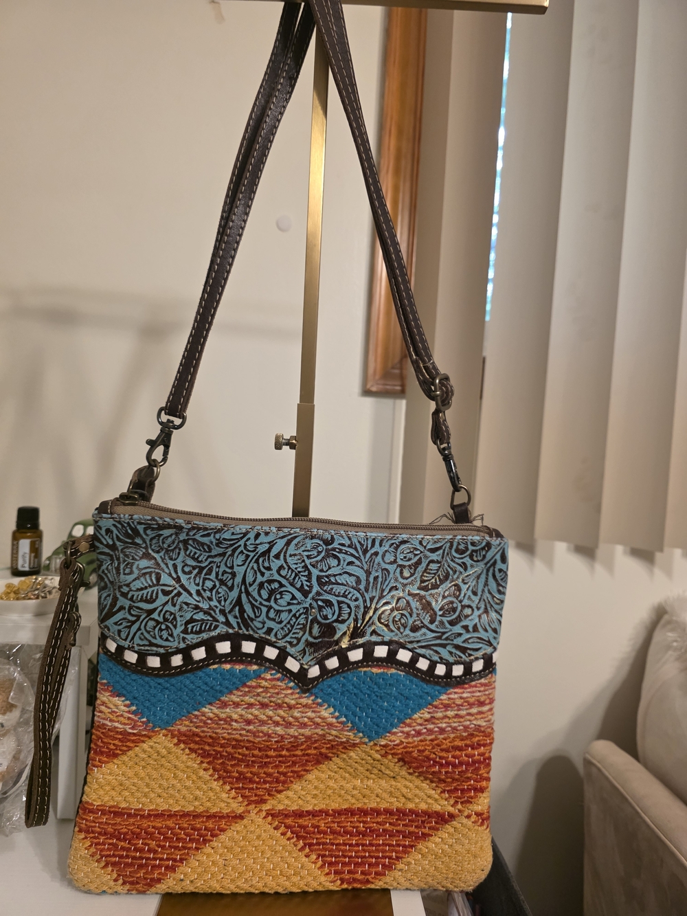 Myra Bag Boho Woven Crossbody Bag in Turquoise, Red & Yellow Real Leather Trim